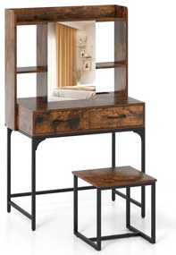 Penteadeira com espelho e iluminação 108 cm Mesa de maquiagem com estação de carregamento de banqueta 3 cores de luz 3 gavetas marrom