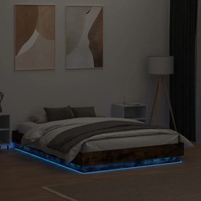 Estrutura de cama com luzes LED 140x190 cm carvalho fumado