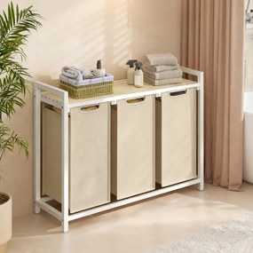 Cesto da roupa suja com 3 compartimentos, cesto com prateleira, 92,5 x 33 x 72 cm Bege