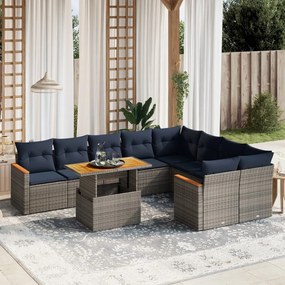 vidaXL 10 pcs conjunto sofás p/ jardim c/ almofadões vime PE cinzento