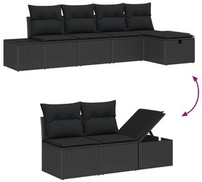 Conjunto de Sofá de Jardim de 6 Peças Com Almofadas Preto Rattan Polié