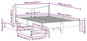 Estrutura cama c/ gavetas 140x190 cm pinho maciço castanho-mel