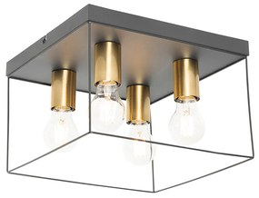 Candeeiro de teto minimalista preto com quadrado dourado de 4 luzes - Kodi Moderno