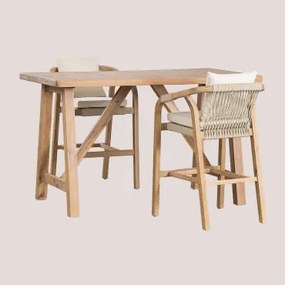 Conjunto Mesa Alta Retangular (160x90 Cm) E 2 Bancos De Jardim Altos Em Madeira De Acácia Dubai Castanho Acácia Rústico & Tecido Gardénia Branco -