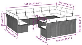 14 pcs conj. sofás jardim com almofadões vime PE cinzento-claro