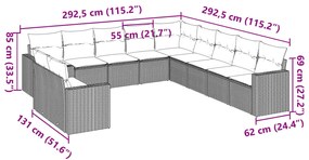 11 pcs conjunto sofás de jardim c/ almofadões vime PE castanho