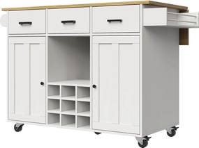 Carrinho de cozinha com tampo rebatível, 3 gavetas, 2 portas, suporte para garrafas e toalheiro, 124C x 40/65L x 91,5A cm, Branco
