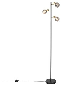 Candeeiro de pé Art Deco preto e dourado com vidro fumê 3 luzes - VIDRO Art Deco