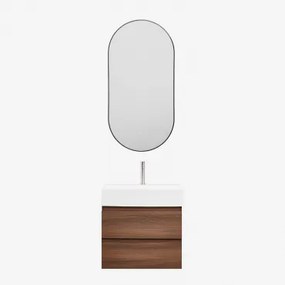 Conjunto De Móvel De Casa De Banho Suspenso Em Madeira E Folha De Freixo Com Lavatório Integrado Ona Madeira Escura & Ovale Led E Antifog Preto 50x100