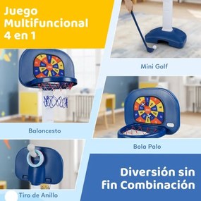 Cesto de basquetebol 4 em 1 para crianças ajustável com conjunto de aros bola adesiva branca e azul
