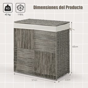 Cesto para roupa suja dobrável em rattan 110 L  com tampa e pegas práticas Saco com forro amovível Saco para roupa suja Casa de banho Cinzento