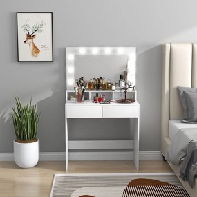 Toucador de Maquilhagem com Espelho Hollywood, 80 x 40 x 135 cm, 10 Lâmpadas com 3 Modos de Iluminação, Branco