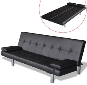 Sofa-cama ajustável com 2 almofadas couro artificial preto