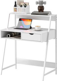 Secretária de escritório 80 x 50 x 100 cm, estilo neo-retro, com gaveta, compartimentos abertos e prateleira metálica, branca