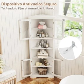 Armário de canto alto cozinha 66 x 35 x 171 cm de 6 níveis com portas de vidro e prateleiras ajustáveis em 3 posições Branco