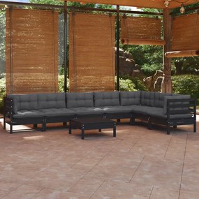 vidaXL 8 pcs conjunto lounge jardim c/ almofadões pinho maciço preto