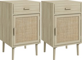 HOMCOM Mesas Cabeceira Conjunto 2 Peças Gaveta Vime Prateleira Ajustável Quarto Sala 40x40x68,5 cm Carvalho | Aosom Portugal