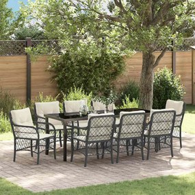 vidaXL Conjunto de Jantar de Jardim com 9 Peças e Almofadas Preto Poly Rattan