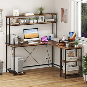 Secretária 145 x 145 x 147 cm em forma de L convertível com tomadas e portas USB e iluminação inteligente castanha