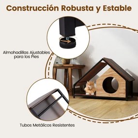 Casa de madeira para gatos de interior 84 x 43 x 58,5 cm com varanda Telhado inclinado removível e estrutura metálica Castanho
