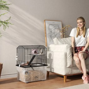 Gaiola para hamsters e roedores de 3 andares 57 x 43 x 74 cm, com rodas, plataforma e escada em arame de aço, preta