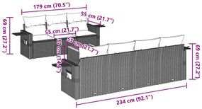 8 pcs conjunto sofás de jardim com almofadões vime PE preto