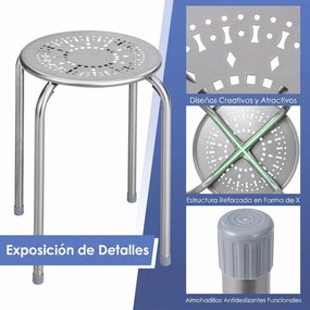 Conjunto de 6 Bancos Empilháveis, 30 x 30 x 44,5 cm, Estrutura Metálica Resistente, Prateado