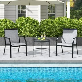 Conjunto de 2 cadeiras de jardim com assento respirável Estrutura metálica Costas altas e apoios de braços ergonómicos Cinzento