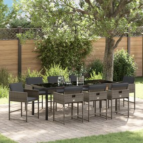 vidaXL Conjunto de Jantar para Jardim de 9 Peças com Almofadas Cinza Rattan Poliéster