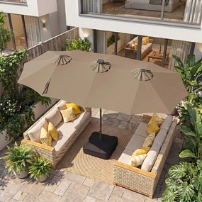 Guarda-sol Duplo Retangular de Exterior com base, 370 x 200 cm, 108 Luzes LED, Castanho