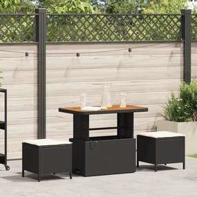 Conjunto de Jantar de Jardim com 3 Peças e Almofadas Preto Vime Rattan Acácia