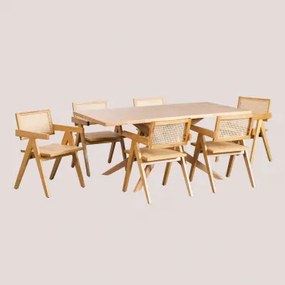 Conjunto De Mesa De Jantar Retangular 180x90 Cm Arnaiz E 6 Cadeiras Com Apoios De Braços Em Madeira De Freixo E Rattan Lali Madeira Natural - Sklum