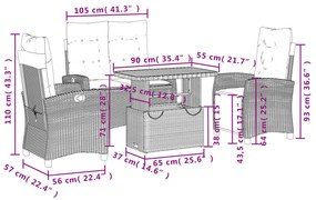 4 pcs conjunto de jantar p/ jardim c/ almofadões vime PE bege