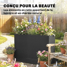 Floreira elevada em resina trançada 76 x 23 x 28 cm, suporte para flores com tabuleiro removível e pés ajustáveis preta