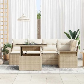 Conjunto de sofá de jardim com 6 peças e almofadas bege em rattan sint