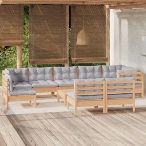 vidaXL 10pcs conjunto lounge de jardim + almofadões cinza pinho maciço