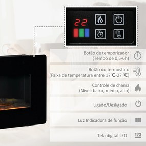HOMCOM Lareira Elétrica de Parede 1800-2000W com Controle Remoto Simulação de Chama com Brilho Regulável Termostato e Temporizador para Salas de 30m² 91,4x11x44cm Preto