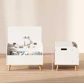 Baú para brinquedos infantis 60 x 40 x 43 cm, baú de arrumação infantil, tampa rebatível e compartimento aberto, branco