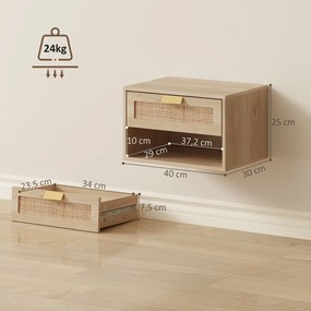 Conjunto de 2 Mesas de Cabeceira Suspensas com Gaveta de Vime Prateleira Aberta Economiza Espaço 40x30x25 cm Carvalho