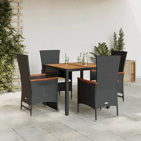 vidaXL 5 pcs conjunto de jantar p/ jardim c/ almofadões vime PE preto