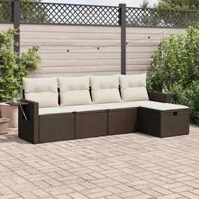 5 pcs conjunto sofás p/ jardim c/ almofadões vime PE castanho