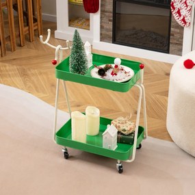 Mesa Auxiliar com desenho Rena de Natal 55,5 x 28,5 x 66,5 cm com 2 Níveis com Estrutura Metálica e Rodas Mesa de Natal para Espaços Pequenos Verde