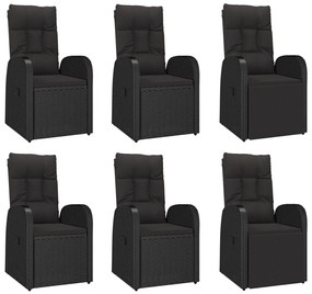 7 pcs conjunto de jantar p/ jardim c/ almofadões vime PE preto