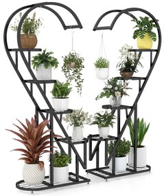 Conjunto de 2 suportes metálicos de 5 níveis para plantas com escada em forma de coração e gancho para pendurar 71 x 30,5 x 148 cm Pretos