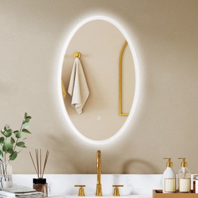 Espelho de casa de banho com iluminação, 80 x 50 cm, espelho LED oval, antiembaciamento, 3 cores de luz, intensidade regulável, transparente