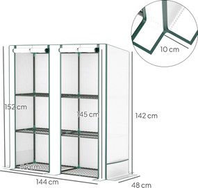 Estufa de jardim com prateleiras metálicas de 3 níveis, estufa de varanda com cobertura em PE e telhado inclinado, 144 x 48 x 152 cm, branca