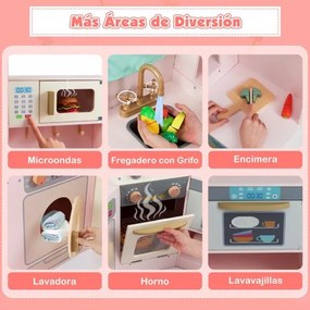 Cozinha de brincar de canto com luzes e sons. Inclui lava-loiça, fogão, micro-ondas, forno, máquina de lavar e acessórios para crianças com mais de 3