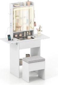 Toucador com espelho e luzes Penteadeira compacta para maquilhagem com tampa de vidro visível Tomadas Painéis dobráveis 3 modos Branco