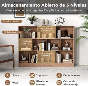 Estante de 10 cubos com 3 níveis Organizador de arrumação Estante anti-queda 140 cm para sala de estar Quarto Natural