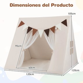 Tenda infantil 120x120x105cm com tapete lavável e bandeiras coloridas para canto de leitura para crianças a partir de 3 anos bege